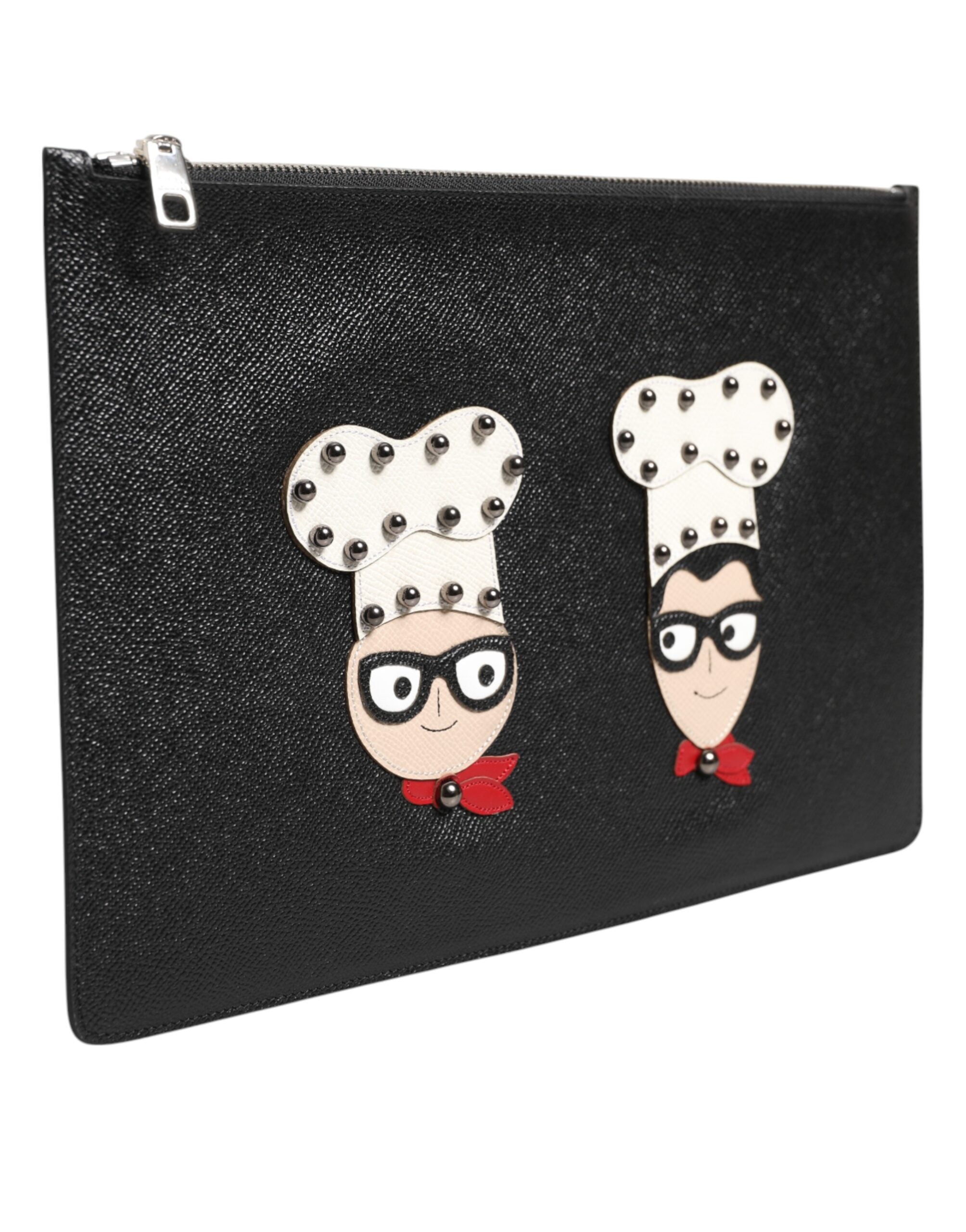 Black Leather #DGFAMILY Embellished Men Clutch Pouch Bag