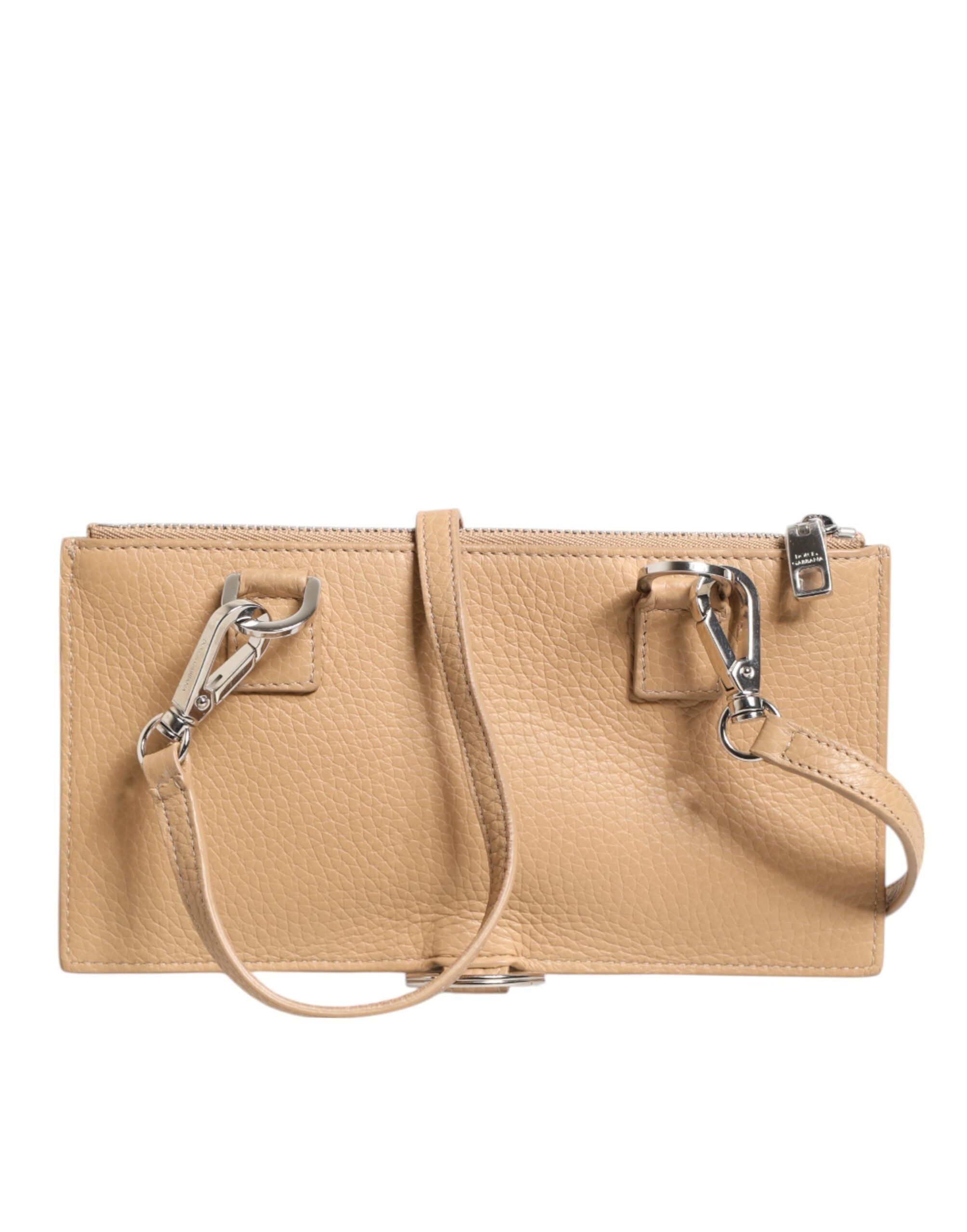 Beige Calfskin Leather Large Crossbody Card Holder Wallet